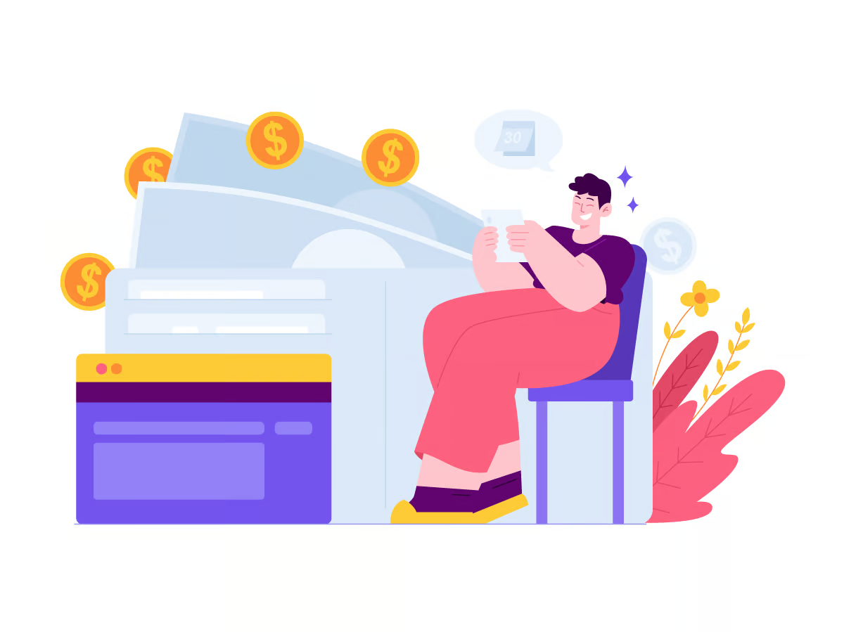 Graphic of a man counting money and credit cards