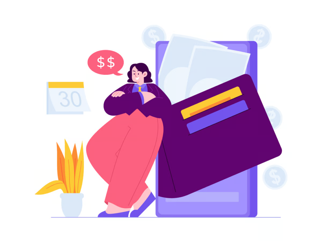 Grafico de una mujer con una cartera con tarjetas de credito